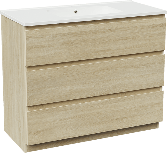 Linie Lado staand badmeubel 100 x 46 cm wit eiken met Vano enkele wastafel in composietmarmer hoogglans wit