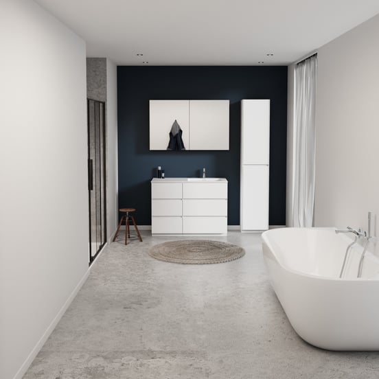 Storke Edge meuble salle de bains à poser 110 x 52 cm blanc brillant avec Mata plan vasque asymétrique à droite en solid surface blanc mat