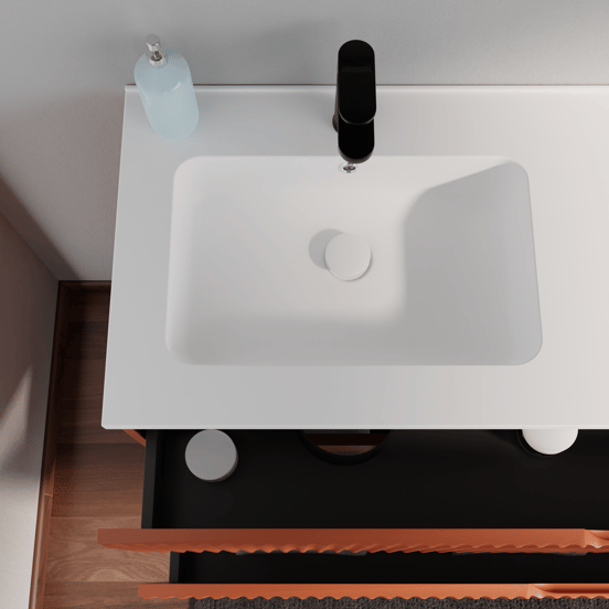 Linie Ribbo zwevend badkamermeubel 60 x 46 cm cotto met Vano enkele wastafel in composietmarmer mat wit, Verticale symmetrische ronde ribbel