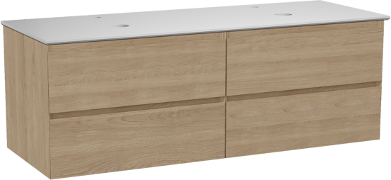 Balmani Mitra zwevend badkamermeubel 150 x 55 cm natuur eik met Facetta dubbel tablet in solid surface mat wit