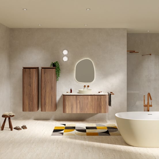 Balmani Moon meuble salle de bains suspendu 130 x 55 cm noyer américain avec Moon tablette simple ou double en terrazzo greige terrazzo