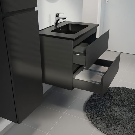 Linie Lado zwevend badmeubel 70 x 46 cm mat zwart met Vano enkele wastafel in composietmarmer mat zwart