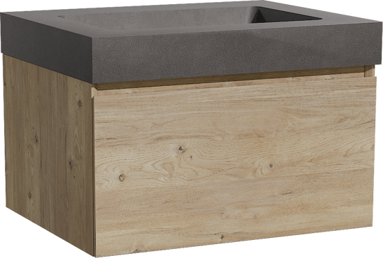 Storke Edge zwevend badkamermeubel 65 x 52 cm ruwe eik met Scuro High enkele wastafel in kwarts mat zwart