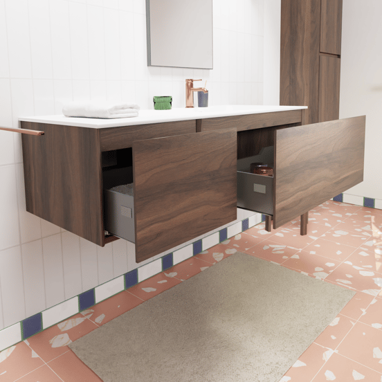 Storke Edge zwevend badmeubel 130 x 52 cm notenhout met Mata asymmetrisch rechtse wastafel in solid surface mat wit