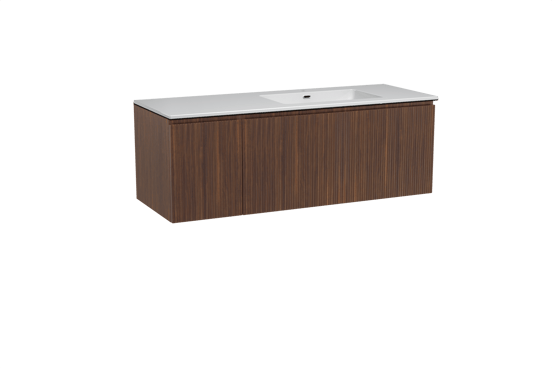 Storke Ribs hängendes Möbelstück Set: 140 x 52 cm, Nussbaum, mit Diva Waschtisch rechts, Marmorkomposit, Weiß glänzend, Vertikale symmetrische gerade Rippe