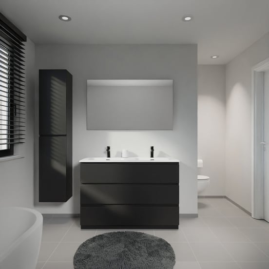 Linie Lado staand badmeubel 120 x 46 cm mat zwart met Baro dubbele wastafel in porselein hoogglans wit