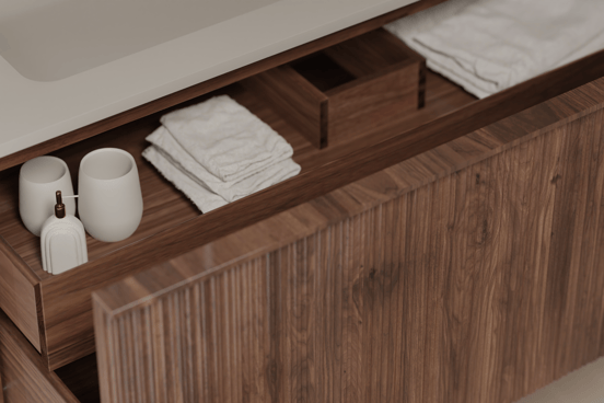 Balmani Forma zwevende wastafelonderkast 90 x 55 cm Amerikaans notenhout 2 lades vert. asym. groef