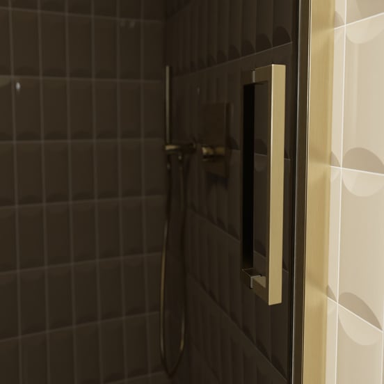 Balmani Senses Design Dusche Schiebetür, umkehrbar, 160 cm x 210 cm, Rauchglas, Profil Brushed Champagner Gold