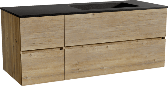Storke Edge zwevend badmeubel 130 x 52 cm ruw eiken met Scuro asymmetrisch rechtse wastafel in kwarts mat zwart