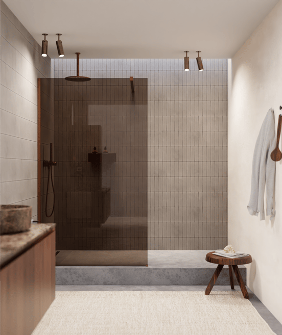 Balmani Modular Walk-In Dusche: 160 x 200 cm, Bronzeglas, Roségold Profil, gebürstet