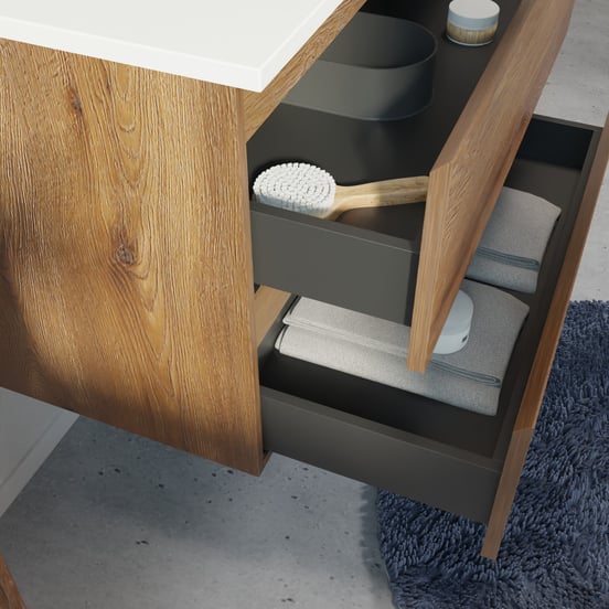 Linie Lado zwevend badmeubel 70 x 46 cm bruin eiken met Vano enkele wastafel in composietmarmer mat wit