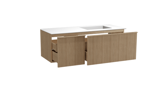 Balmani Forma zwevend badkamermeubel 135 x 55 cm natuur eik met Tablo Stretto asymmetrisch rechtse wastafel in solid surface mat wit, Verticale symmetrische rechte ribbel