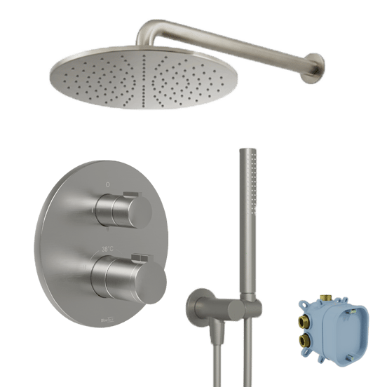 Blaufoss Smartbox Round Duschsystem: Unterputz, inkl. Thermostat-Duscharmatur, Brushed CoolMetal