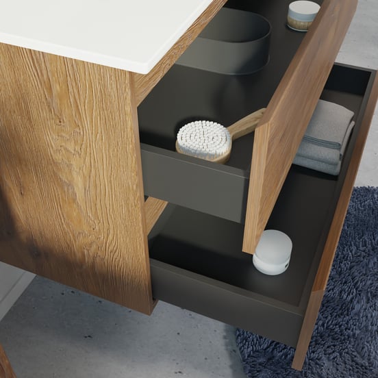 Linie Lado hängendes Möbelstück Set: 70 x 46 cm, Braune Eiche, mit Baro Einzelwaschtisch, Porzellan Weiß glänzend