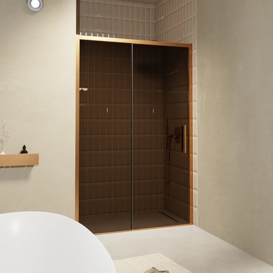 Balmani Senses Design Dusche Schiebetür, umkehrbar, 160 cm x 210 cm, Bronze Glas, Profil Brushed Rosegold