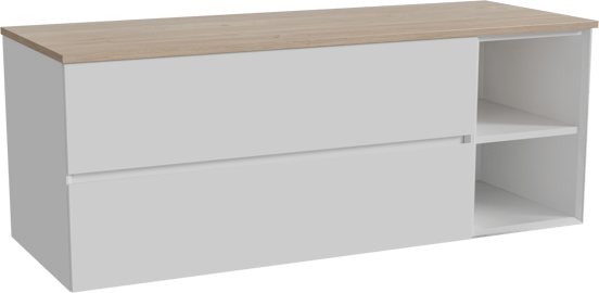 Storke Edge hängendes Möbelstück Set: 140 x 52 cm, Weiß glänzend, mit Panton Einzel- oder Doppel Waschtischplatte, Melamin Rohe Eiche