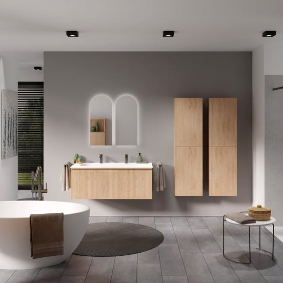 Balmani Forma zwevend badmeubel 120 x 55 cm naturel eiken met Tablo Oval enkele wastafel voor 2 kraangaten in solid surface mat wit, Verticale symmetrische rechte ribbel