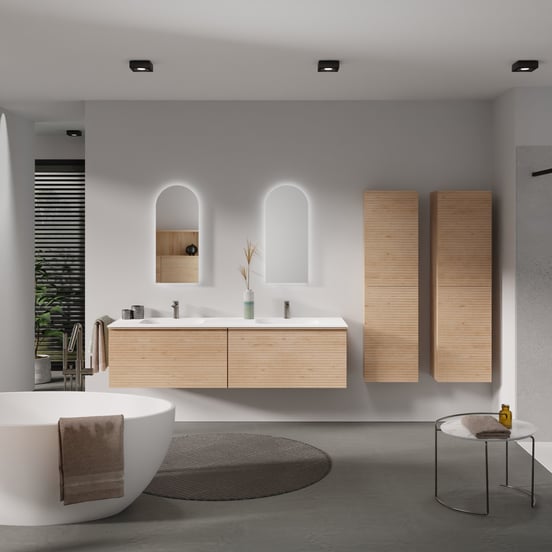 Balmani Forma meuble salle de bains suspendu 180 x 55 cm chêne naturel avec Tablo Arcato double vasque en solid surface blanc mat, Nervure droite symétrique horizontale