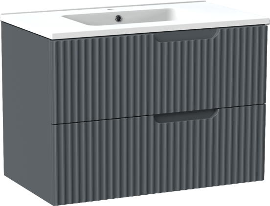 Linie Ribbo zwevend badmeubel 80 x 46 cm blauw antraciet met Vano enkele wastafel in composietmarmer mat wit, Verticale symmetrische ronde ribbel