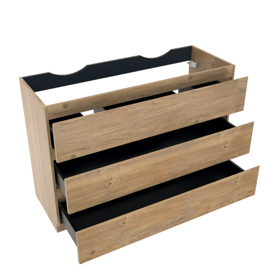 Linie Lado stehender Waschbeckenunterschrank: 120 x 46 cm, Eiche Natur, 3 Schubladen, 2 Siphonaussparungen