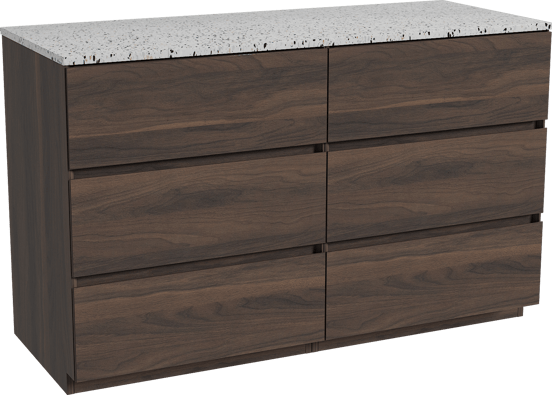 Storke Edge freistehendes Möbelstück Set: 130 x 52 cm, Nussbaum, mit Tavola Einzel- oder Doppel Waschtischplatte, Terrazzo in Weiß/Schwarz matt