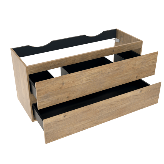 Linie Lado hängender Waschbeckenunterschrank: 120 x 46 cm, Eiche Natur, 2 Schubladen, 2 Siphonaussparungen