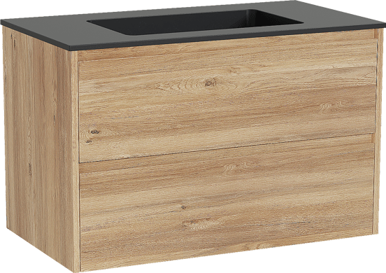 Storke Seda zwevend badmeubel 95 x 52 cm ruw eiken met Scuro enkele wastafel in kwarts mat zwart