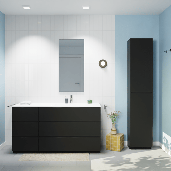 Storke Edge staand badmeubel 150 x 52 cm mat zwart met Mata asymmetrisch rechtse wastafel in solid surface mat wit