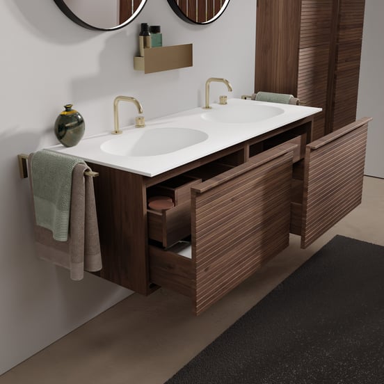 Balmani Forma zwevend badmeubel 135 x 55 cm amerikaans notenhout met Tablo Oval dubbele wastafel in solid surface mat wit, Horizontale symmetrische rechte ribbel