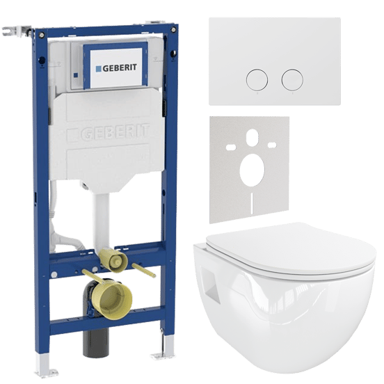 Linie Waldo hangend toilet hoogglans wit randloos met Geberit UP320 Systemfix inbouwreservoir en bedieningspaneel