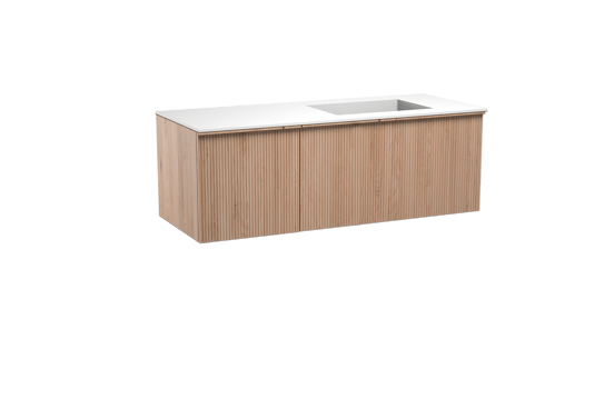 Balmani Forma zwevend badkamermeubel 135 x 55 cm natuur eik met Tablo Stretto asymmetrisch rechtse wastafel in solid surface mat wit, Verticale symmetrische rechte ribbel