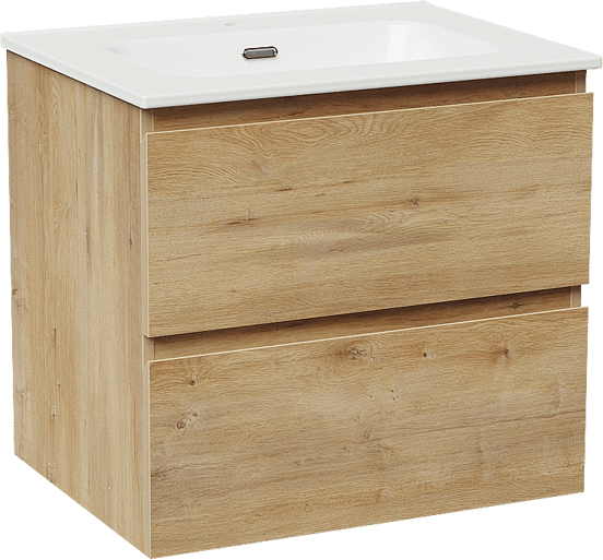 Linie Lado zwevend badkamermeubel 60 x 46 cm natuur eik met Baro enkele wastafel in porselein glanzend wit