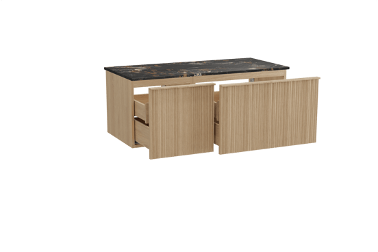 Balmani Forma zwevend badmeubel 120 x 55 cm naturel eiken met Stretto enkel wastafelblad in marmer portoro gold, Verticale asymmetrische ronde ribbel