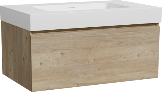 Storke Edge meuble salle de bains suspendu 85 x 52 cm chêne brut avec Mata High plan simple en solid surface blanc mat