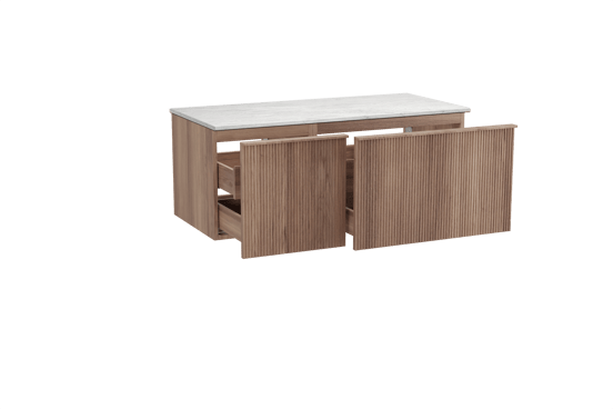 Balmani Forma zwevend badmeubel 120 x 55 cm teakhout met Stretto enkel of dubbel wastafelblad in marmer carrara, Verticale symmetrische rechte ribbel