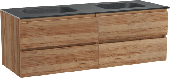 Balmani Lucida hängendes Möbelstück Set: 150 x 55 cm, Teak, mit Tablo Arcato Doppelwaschtisch, Schwarzes Granit