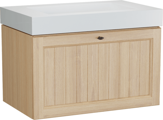 Balmani Lemon zwevend badkamermeubel 90 x 55 cm, fineer natuur eik met Modus enkele wastafel in mat wit