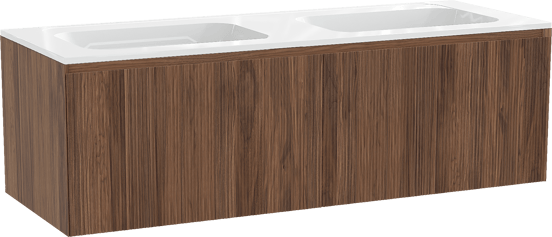 Balmani Fila hängendes Möbelstück Set: 150 x 55 cm, Nussbaum, mit Tablo Strada Doppelwaschtisch, Marmorkomposit, Weiß glänzend, Vertikale symmetrische gerade Rippe