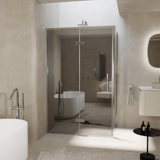 Balmani Senses Design douchehoek met linkse draaideur en vaste zijwand, 120 x 90 cm, Reflex spiegelglas, Chroom profielen, met coating