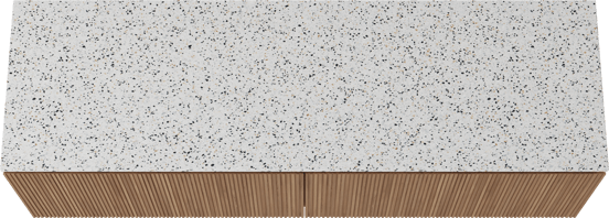 Balmani Eclips zwevend badmeubel 180 x 55 cm Teakhout met Stretto enkel of dubbel wastafelblad in Bianco Nero Terrazzo, Verticale symmetrische rechte ribbel