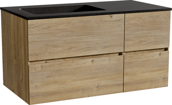 Storke Edge meuble salle de bains suspendu 100 x 52 cm chêne brut avec Scuro plan vasque asymétrique à gauche en quartz noir mat