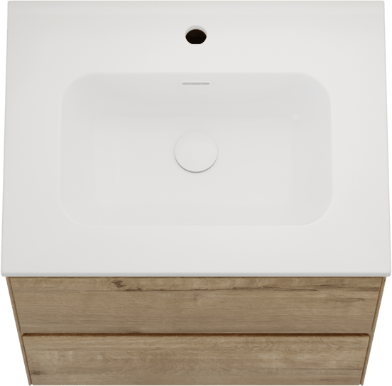 Balmani Mitra Compact zwevend badkamermeubel 60 x 46 cm ruwe eik met Nostra enkele wastafel in porselein glanzend wit