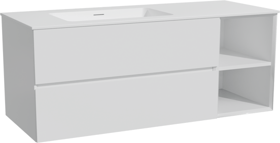 Storke Edge zwevend badmeubel 130 x 52 cm hoogglans wit met Mata asymmetrisch linkse wastafel in solid surface mat wit