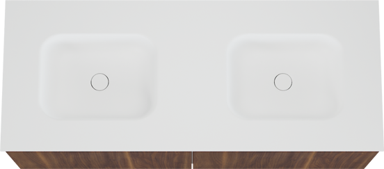 Balmani Sfera zwevend badkamermeubel 135 x 55 cm amerikaanse notelaar met Tablo Arcato dubbele wastafel in solid surface mat wit