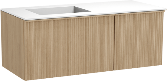 Balmani Forma zwevend badmeubel 120 x 55 cm naturel eiken met Tablo Stretto asymmetrisch linkse wastafel in solid surface mat wit, Verticale asymmetrische ronde ribbel