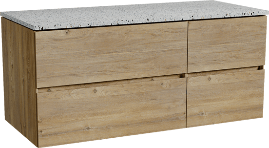 Storke Edge zwevend badmeubel 120 x 52 cm ruw eiken met Tavola enkel of dubbel wastafelblad in mat wit/zwart terrazzo