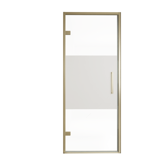 Balmani Senses Design Dusche Drehtür, Links, 90 cm x 210 cm, Klarglas mit mattiertem Streifen, Profil Brushed Champagner Gold