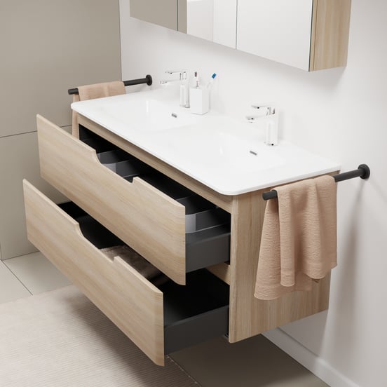 Linie Curvo meuble salle de bains suspendu 120 x 46 cm chêne clair avec Baro Curvo double vasque en porcelaine blanc brillant