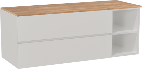 Storke Edge hängendes Möbelstück Set: 140 x 52 cm, Weiß glänzend, mit Panton Einzel- oder Doppel Waschtischplatte, Melamin Rohe Eiche