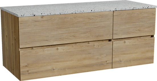 Storke Edge zwevend badmeubel 130 x 52 cm ruw eiken met Tavola enkel of dubbel wastafelblad in mat wit/zwart terrazzo